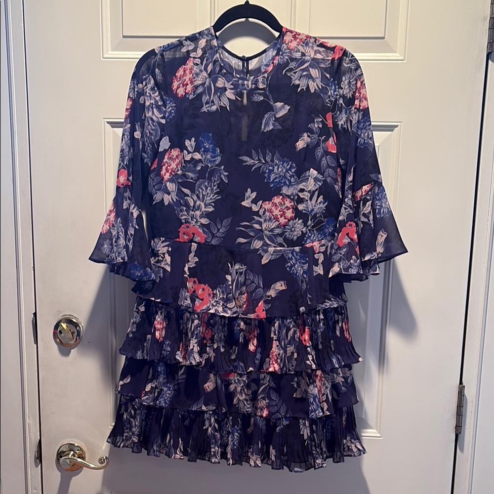 Eliza J Floral Ruffle Mini Dress - Navy and Pink